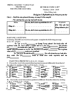 Đề thi Olympic môn Tiếng Anh Lớp 7 - Năm học 2014-2015 - Trường THCS Dân Hòa (Có đáp án)